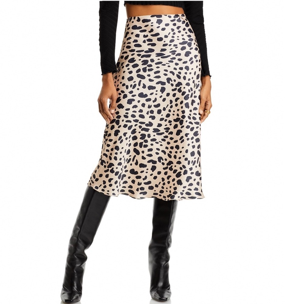 Aqua Leopard Print Satin Midi Skirt Tan Black Elastic Waist Womens Size Medium